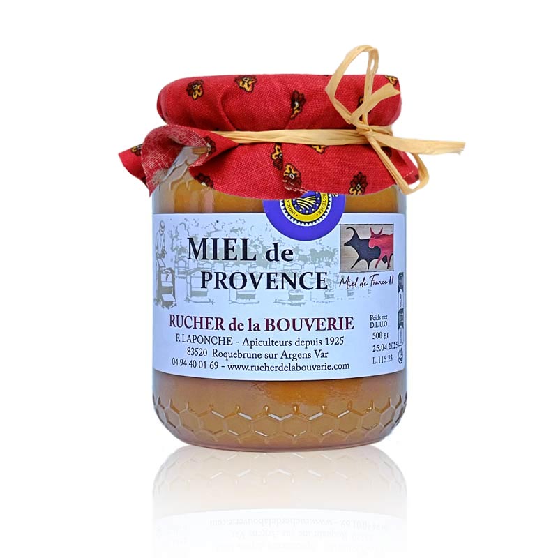 PRO_500g_2023_front_spieg_tissu-rge_800p Provence-Honig mit Stoffdekor rot