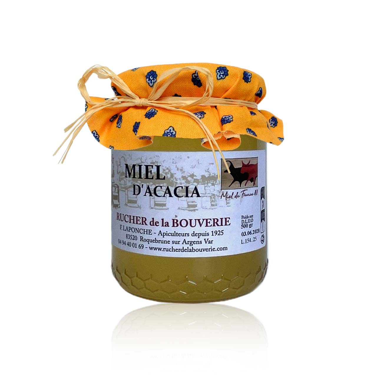 Akazienhonig 500 g mit Stoffdekor gelb Akazienhonig mit Stoffdekor: dottergelb mit gelben Blüten