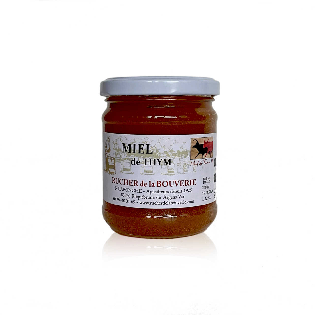 Thymianhonig, Rucher de la Bouverie, Ref. FL-B14 Thymianhonig 250 g, Vorderseite