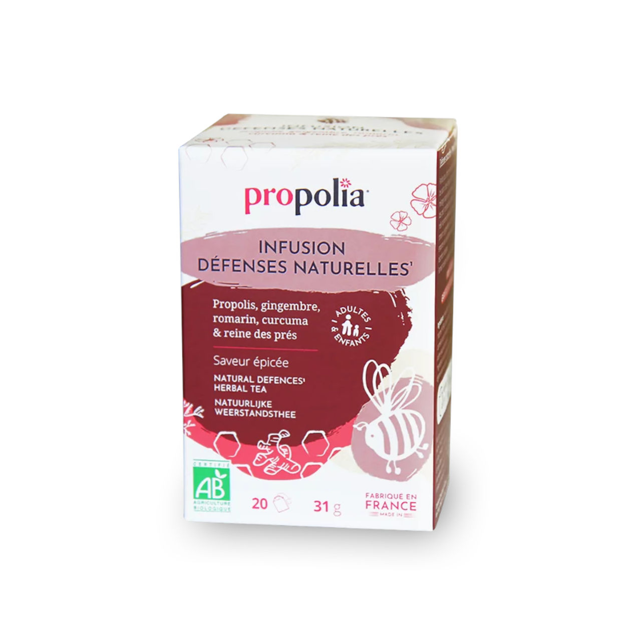 Kräutertee zur Stärkung der Abwehrkräfte Abwehrkräfte-Tee, Propolia Umverpackung weiß und dunkelrot