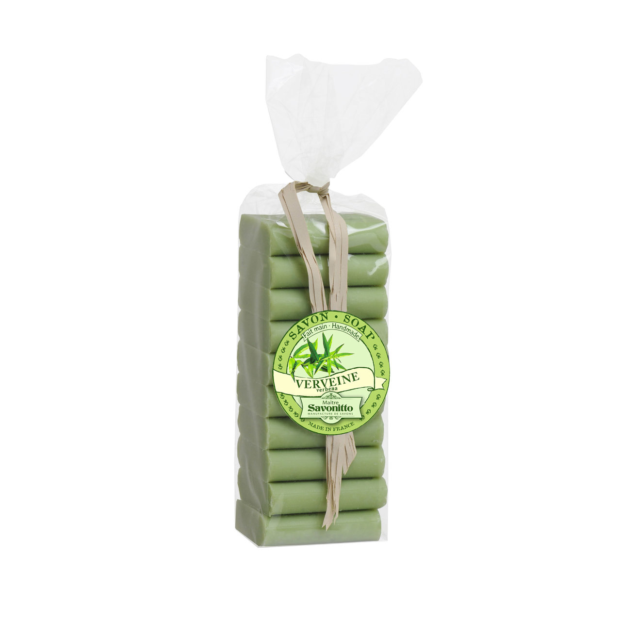 Mini-Zitronenverbenenseifen, hellgrün, 10 Stück übereinander im Beutel verpackt