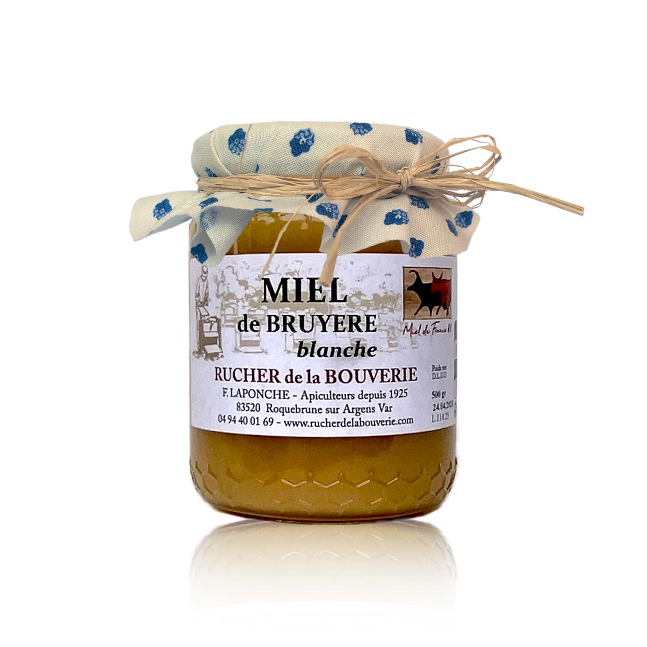 Baumheidehonig mit cremeweißem, provenzalisch gemustertem Stoffdekor und Bastschleife