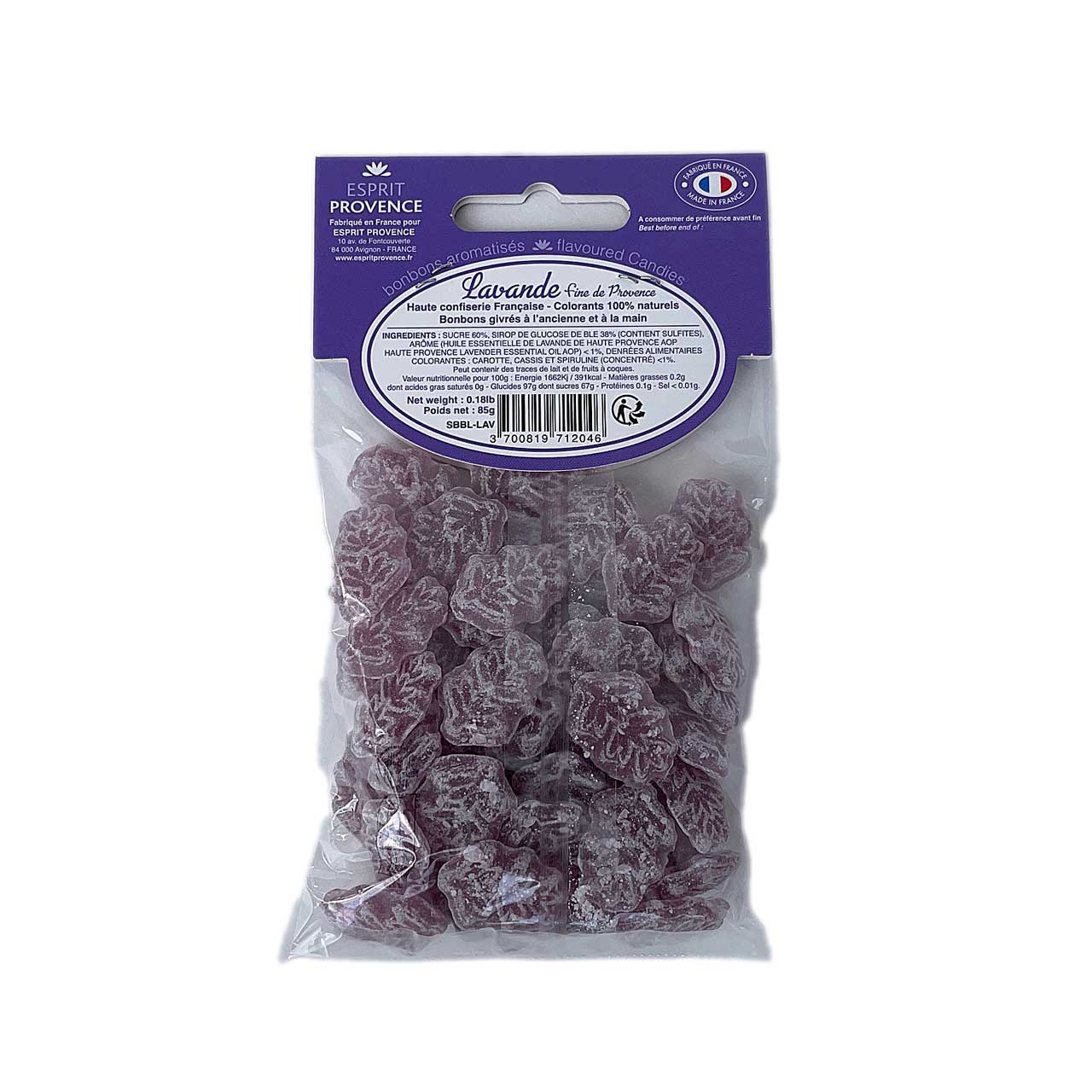 Lavendelbonbons, Rückseite Lavendelbonbons im transparenten Beutel, Rückansicht