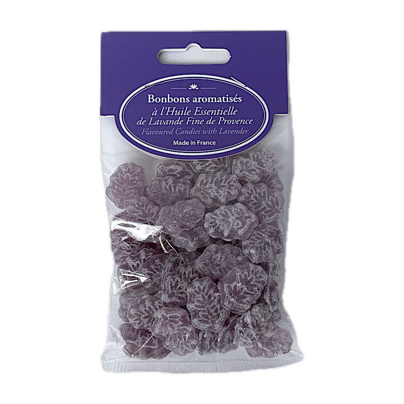 Bonbons mit echtem Lavandelaroma Lavendelbonbons im transparenten Beutel, Vorderansicht