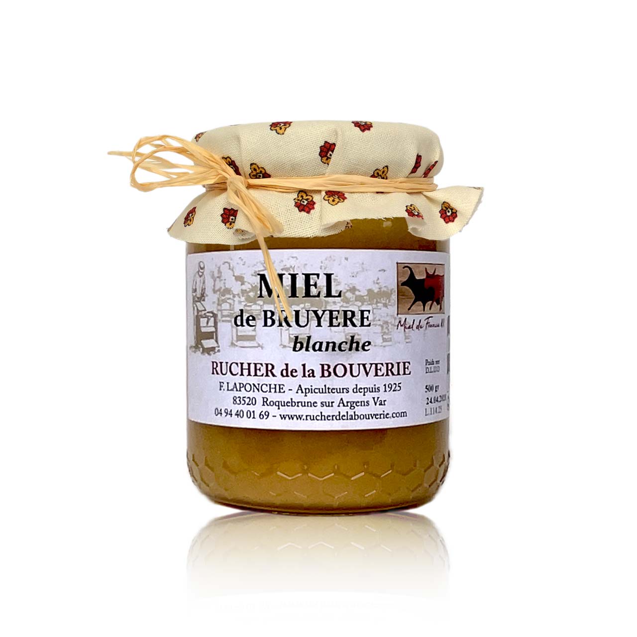 Baumheidehonig 500 g mit Stoffdekor weiß-rot Baumheidehonig mit cremeweißem, provenzalisch gemustertem Stoffdekor und Bastschleife