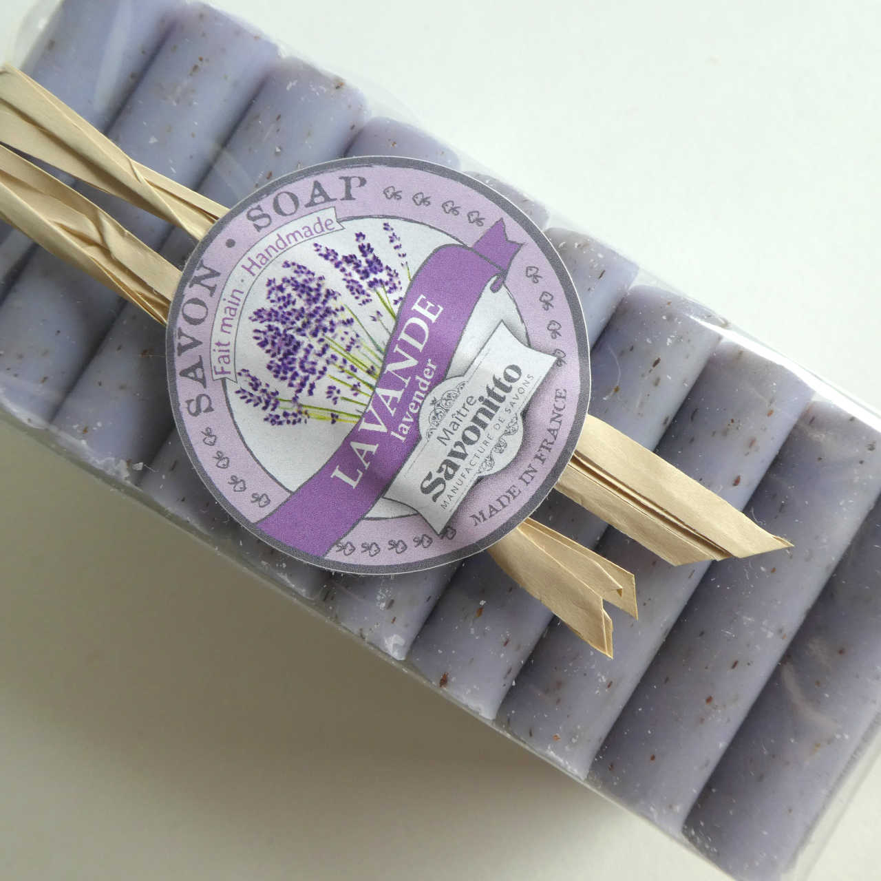 Mini-Lavendelseifen, hellviolett, 10 Stück, Nahaufnahme Etikett