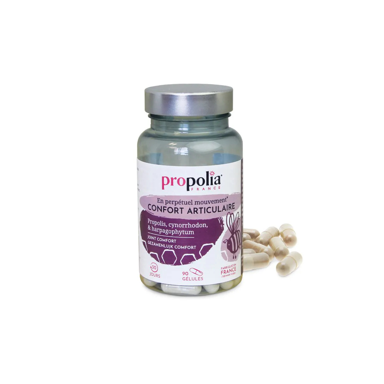 Dose mit Etikett, daneben Muster der Kapseln