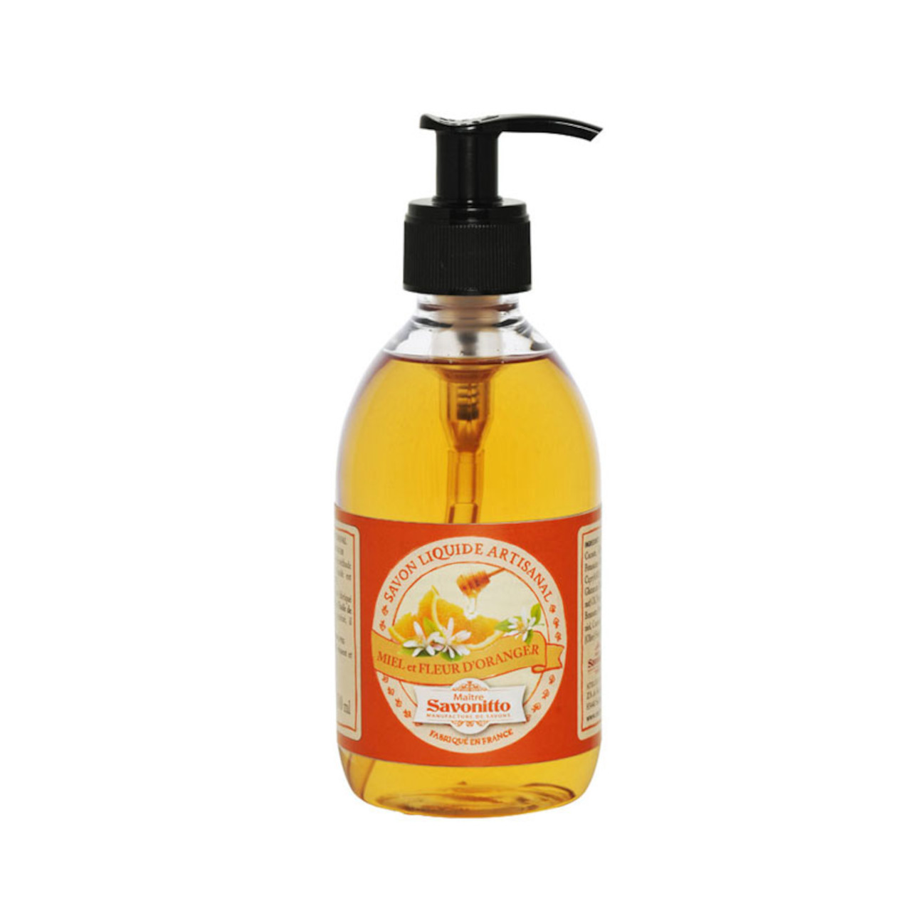 Durchsichtige Flasche mit Spender, Orangenblütenseife, orangefarben