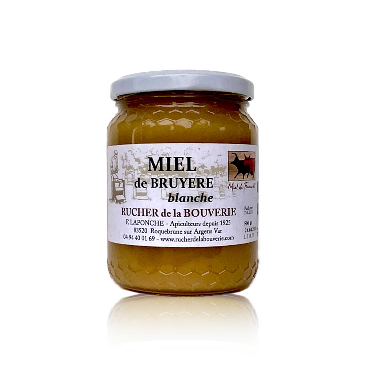 Baumheidehonig 500 g, Vorderseite Baumheidehonig im 500 g-Glas, Vorderseite mit Etikett