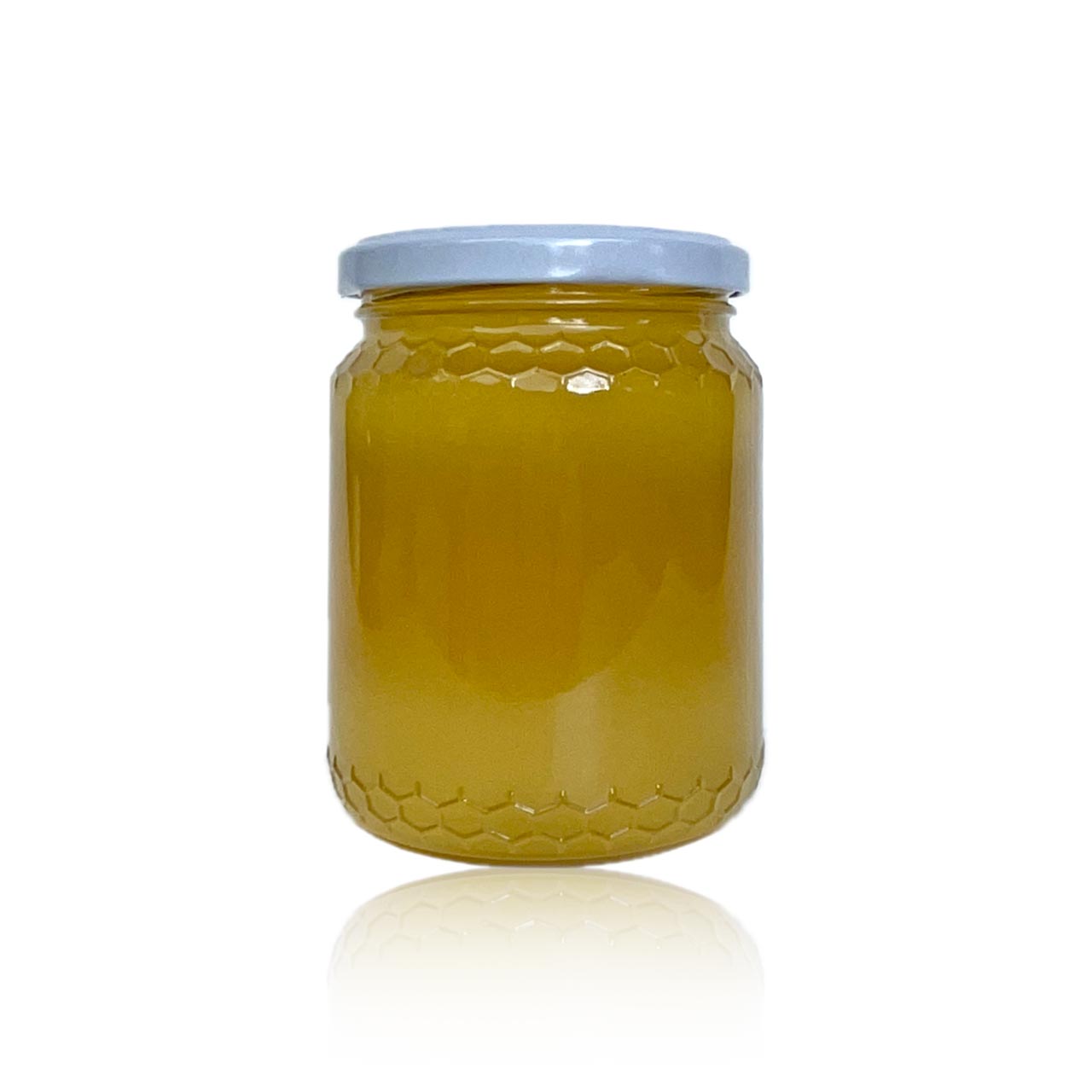 Akazienhonig im Glas, Rückseite, goldgelb