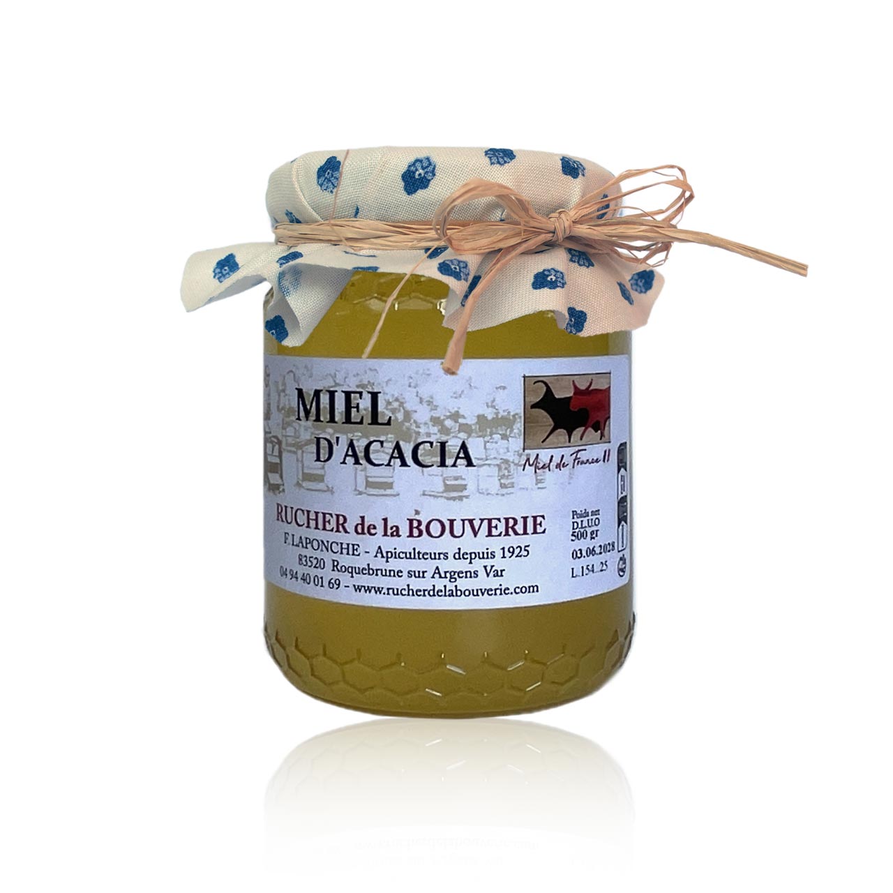Akazienhonig mit Stoffdekor: cremeweiß mit blauen Blüten